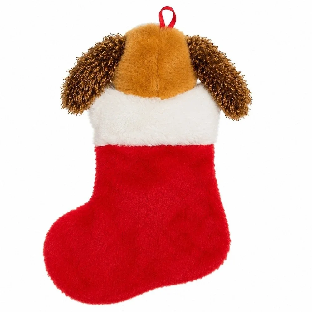 CUTE‎ PLUSH MUSICAL ANIMATED PUPPY DOG CHRISTMAS STOCKING RED WHITE BROWN WORKS
